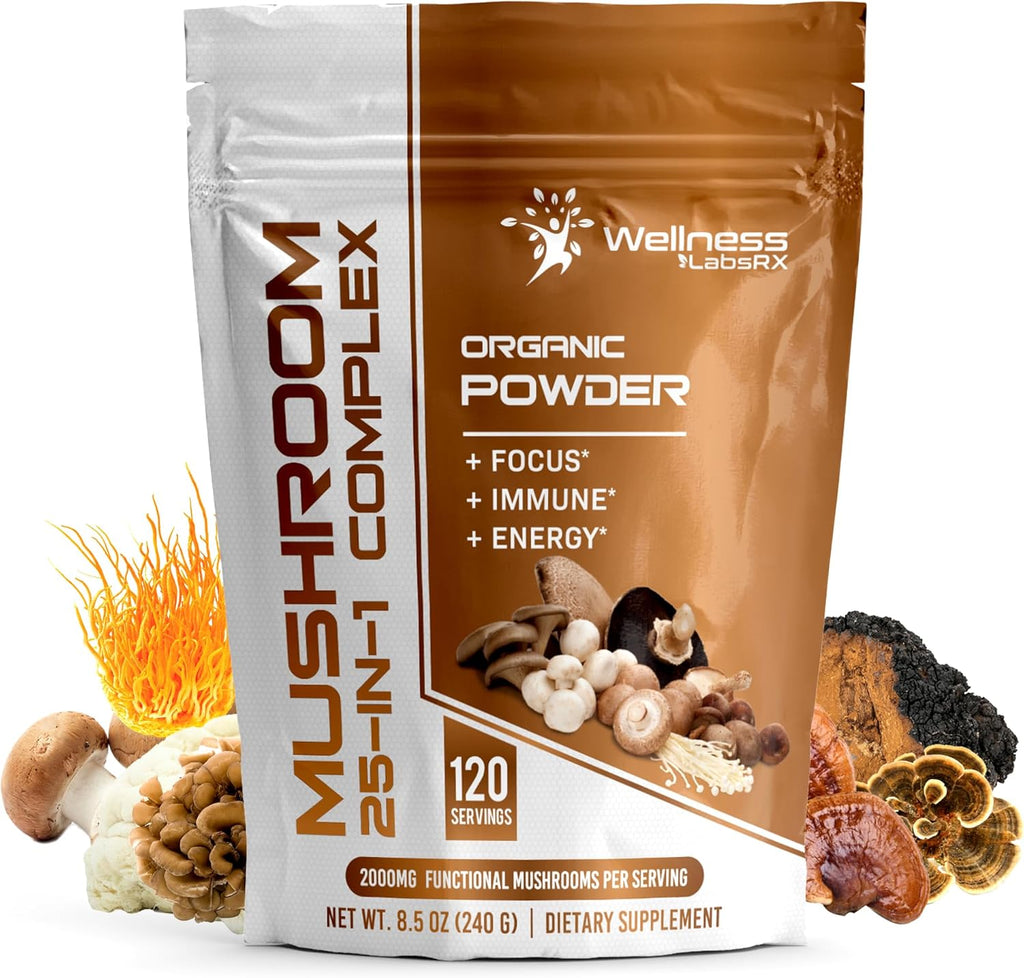 Mushroom Powder, 25 in 1 Mushrooms Lions Mane Powder Organic - 2500mg - Mushroom Supplement, 25 Superfood Mushrooms, Chaga, Shiitake Mushrooms, Cordyceps, Reishi - Lion's Mane Mushroom - 120 Servings