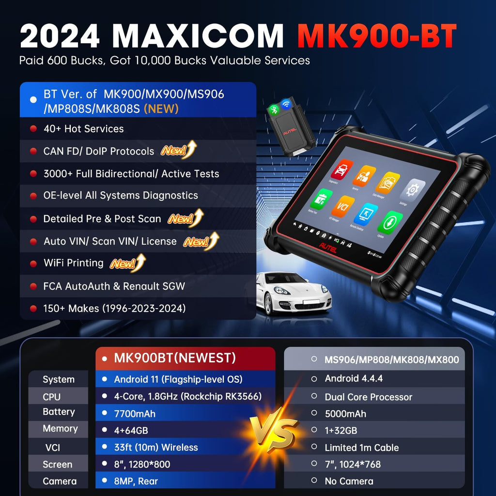 Autel Scanner MaxiCOM MK900-BT: 2024 BT Ver. of MK900 MX900, 8in Up of MK808S MK808BT PRO MX808S MK808Z MS906, 3K+ Bidirectional Tool as MP900BT 40+ Reset, CANFD DoIP, Pre Post Scan, FCA, 11OS U40199