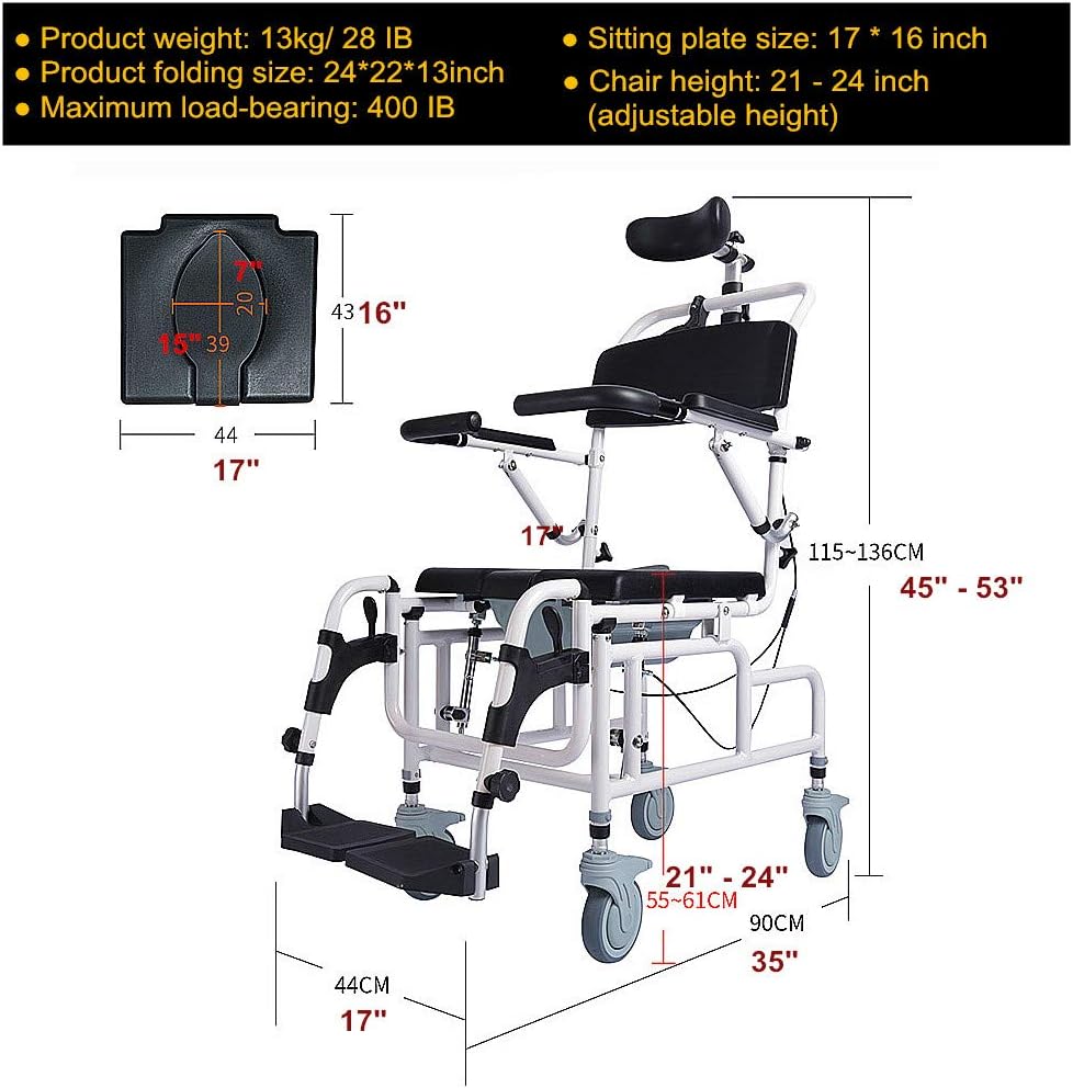 Tilt-in-Space Reclining Shower/Toilet Commode Chair with Padded Seat and Armrests J536307