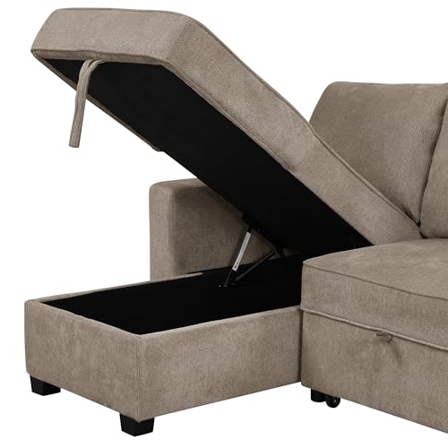 Pull Out Sleeper Sofa Bed with Storage Chaise, L-Shaped, Light Brown G87880