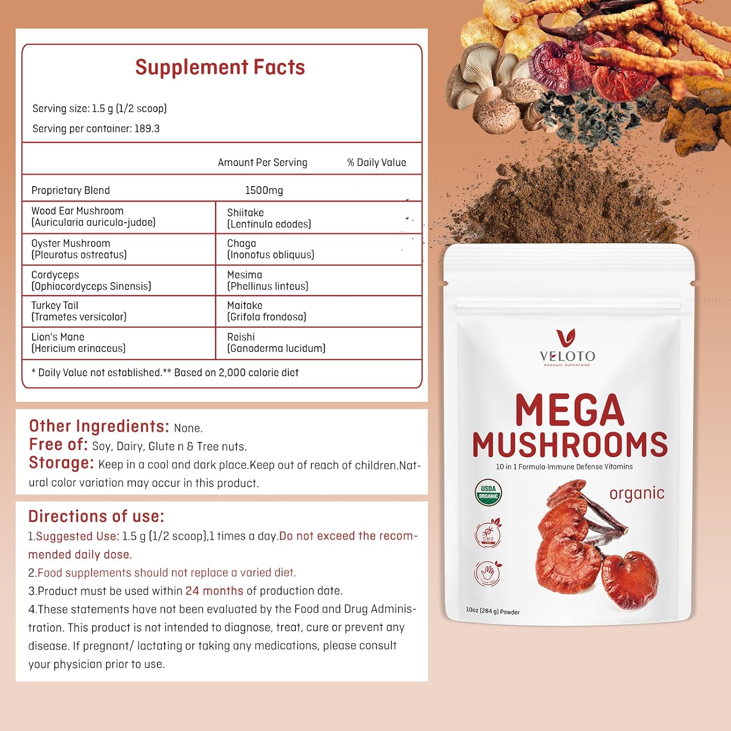 Organic Mushroom Powder Blend Supplement, 10 in 1 Complex, Vegan, 10oz S44880
