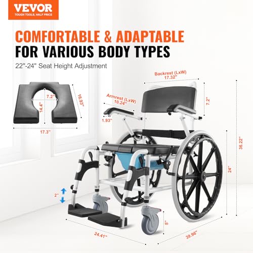 Shower Wheelchair, 17.5in Width Aluminum Alloy, Adjustable Rolling Chair with Brake for Disabled Adult J838