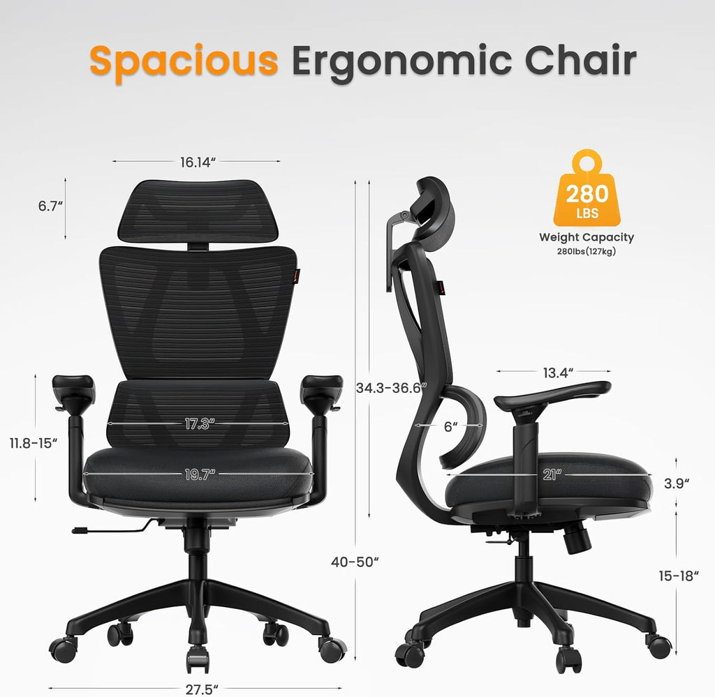 Ergonomic Mesh Office Chair with Wheels, Adjustable 3D Arms and Headrest T7694