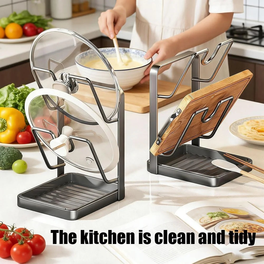 Stainless Steel Pot Lid Storage Rack with Removable Drip Tray H4387