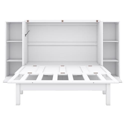 Queen Murphy Bed with Shelves and Storage Drawers, Wood Wall Bed Frame with USB Ports G70577