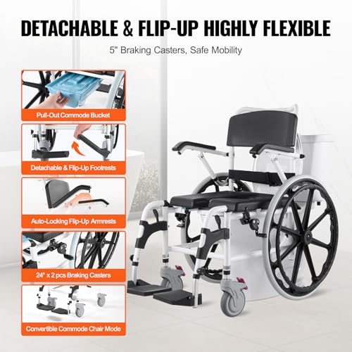 Shower Wheelchair, 17.5in Width Aluminum Alloy, Adjustable Rolling Chair with Brake for Disabled Adult J838