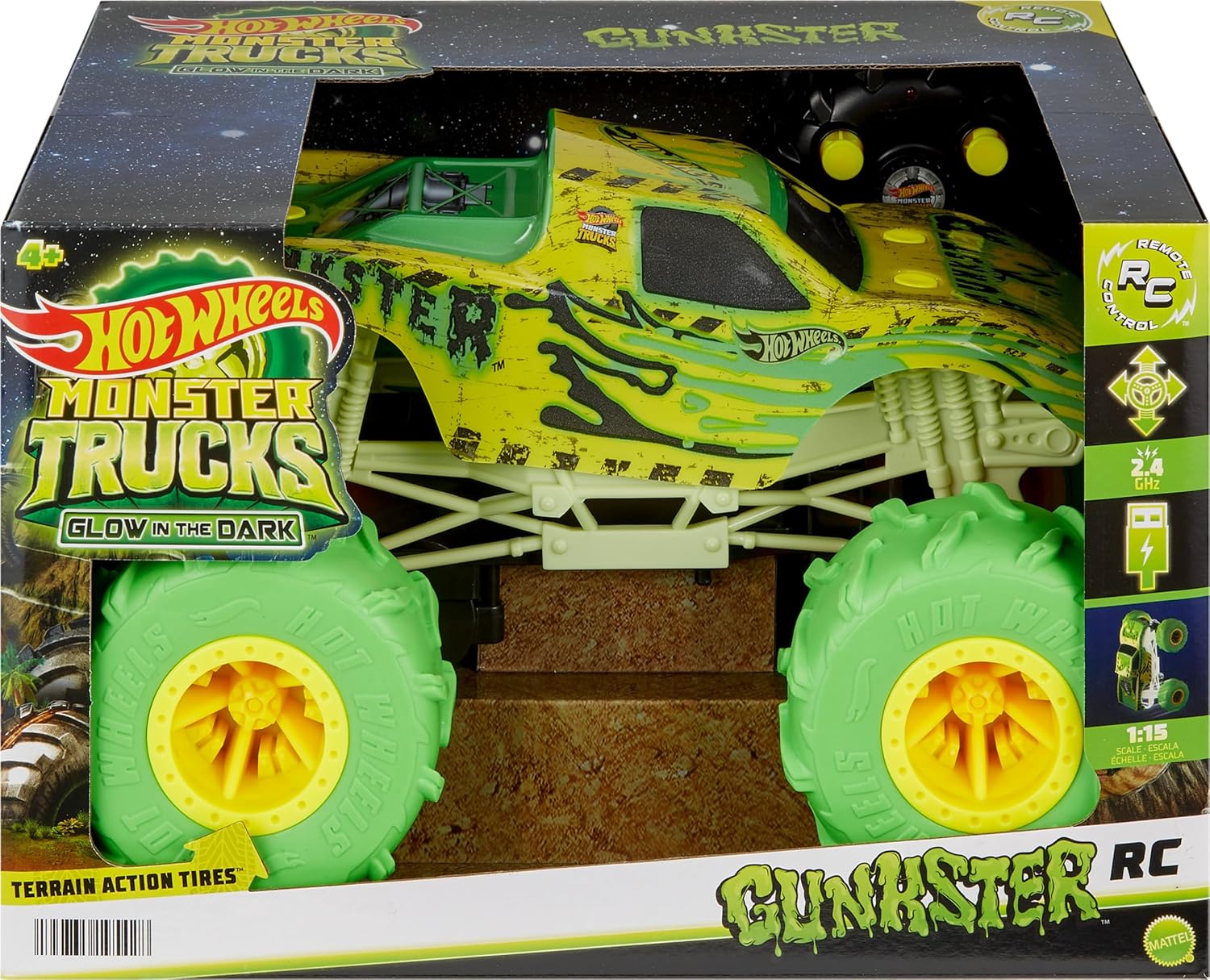 Monster Trucks RC Toy, Remote-Control 1:15 Scale, Glows in The Dark A49026