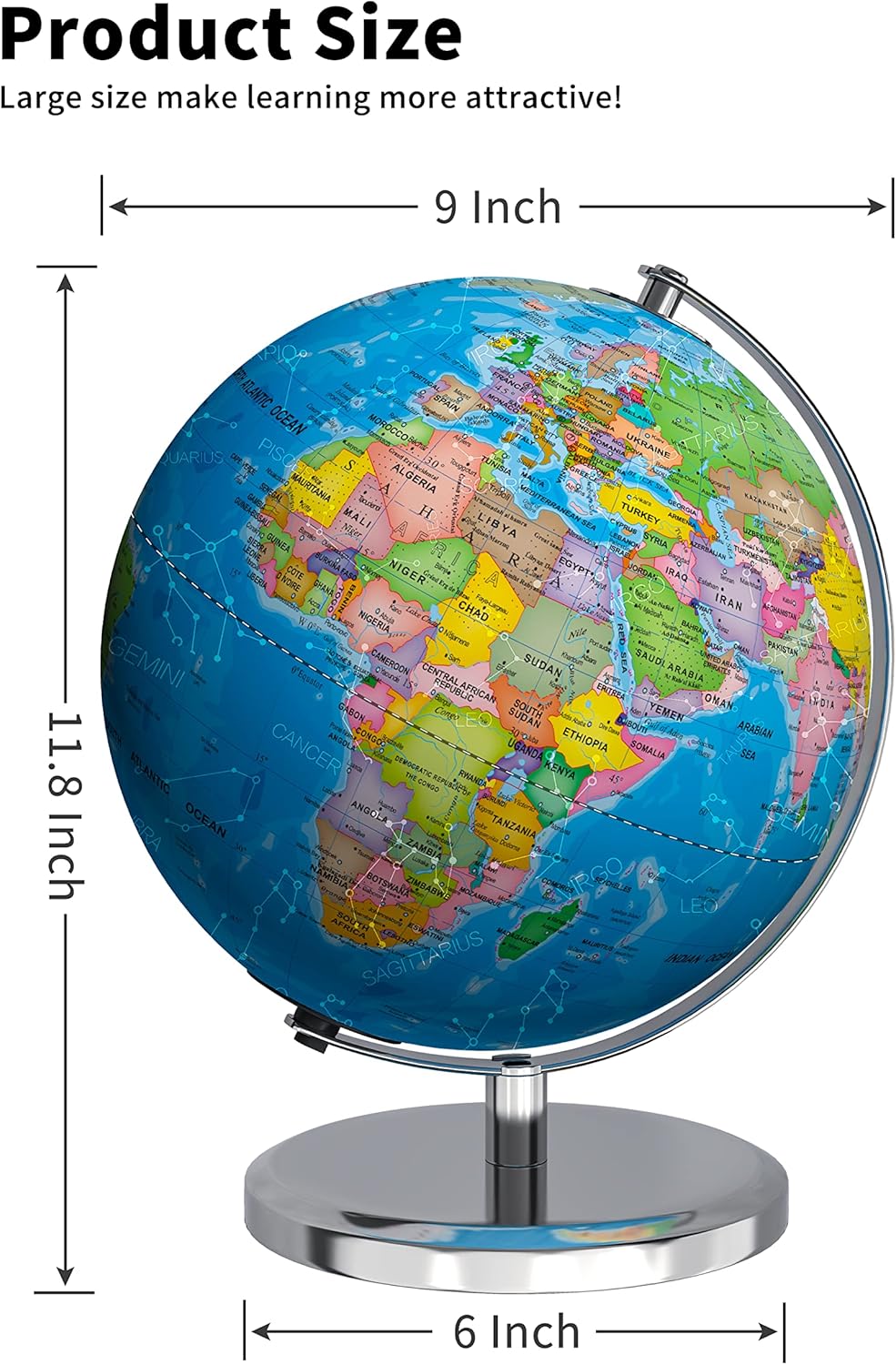 9" Illuminated Globe with Stand, LED Night Light for Kids Learning W4504