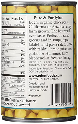 Organic Garbanzo Beans, 15 oz Can, No Salt, Non-GMO, Gluten Free, Vegan D580868