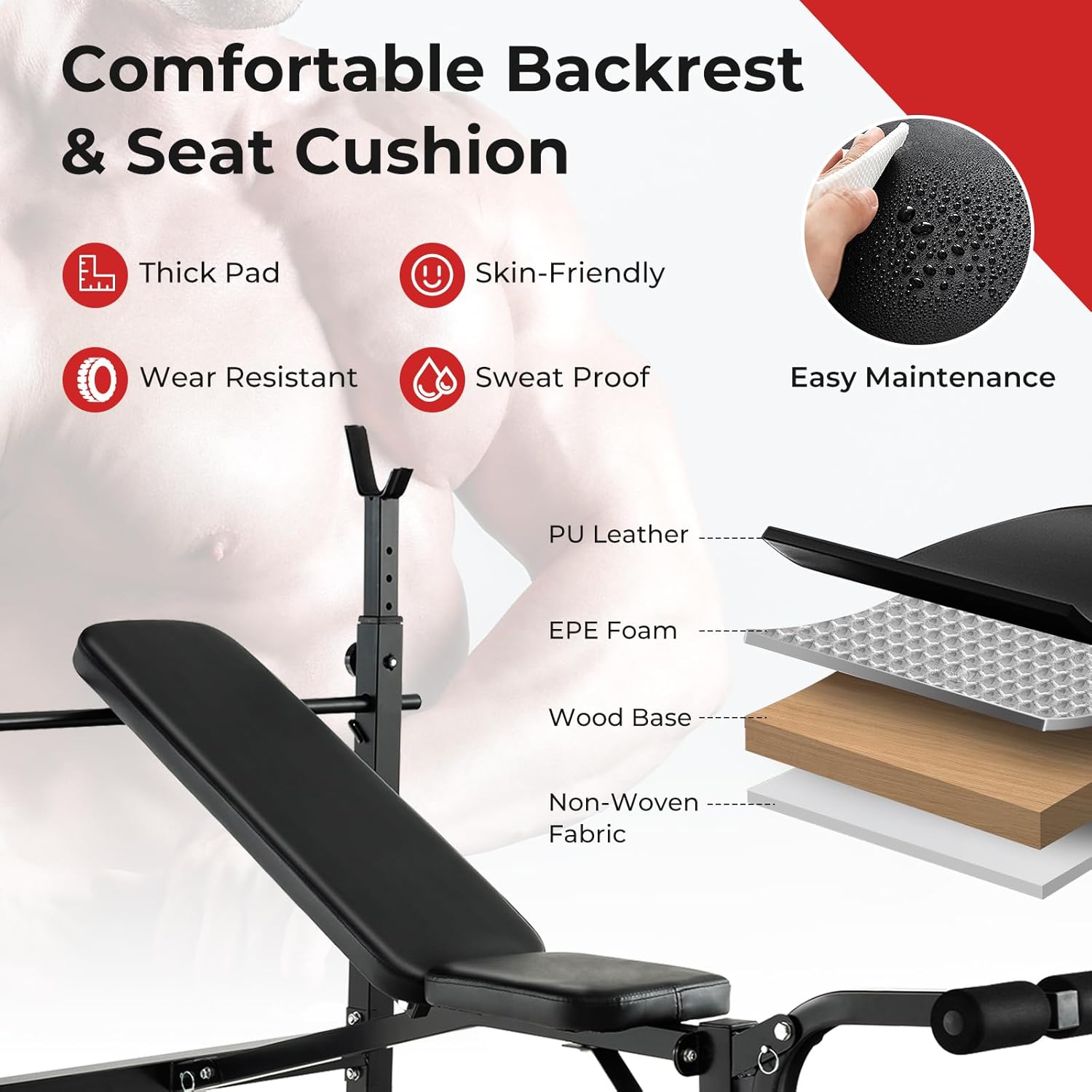 Adjustable Weight Bench with Squat Racks, Leg Extension & Leg Curl for Home Gym I38285