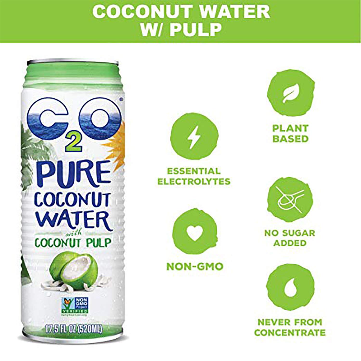 Pure Coconut Water with Pulp, 17.5 fl oz, Pack of 12 Z625