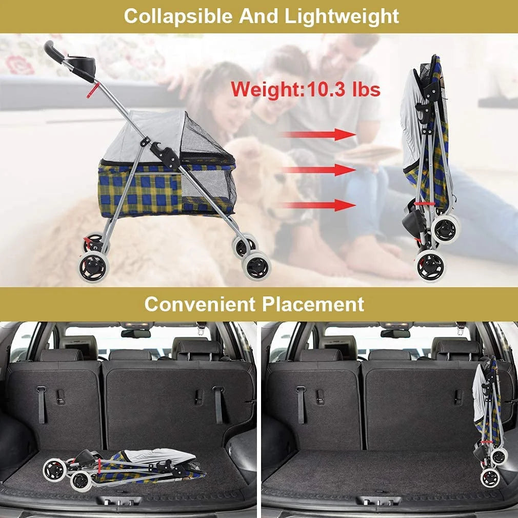 Small Dog Cat Stroller with Cup Holder, Yellow Plaid D993