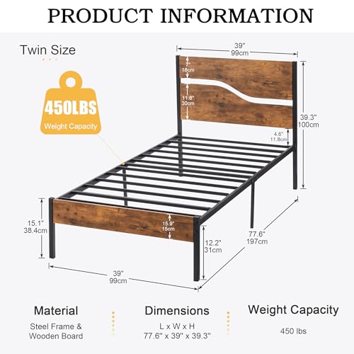 Twin Bed Frame with Wood Storage Headboard, Heavy Duty Metal Platform, Under Bed Storage B13425