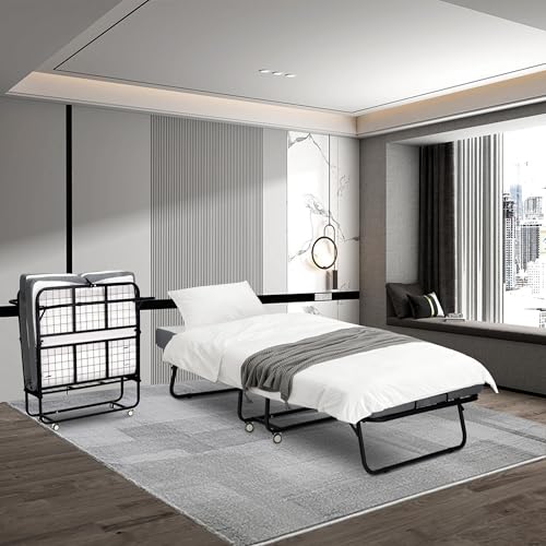 Folding Bed with Mattress, Portable Rollaway Bed for Adults, Sturdy Metal Frame with Wheels H137009