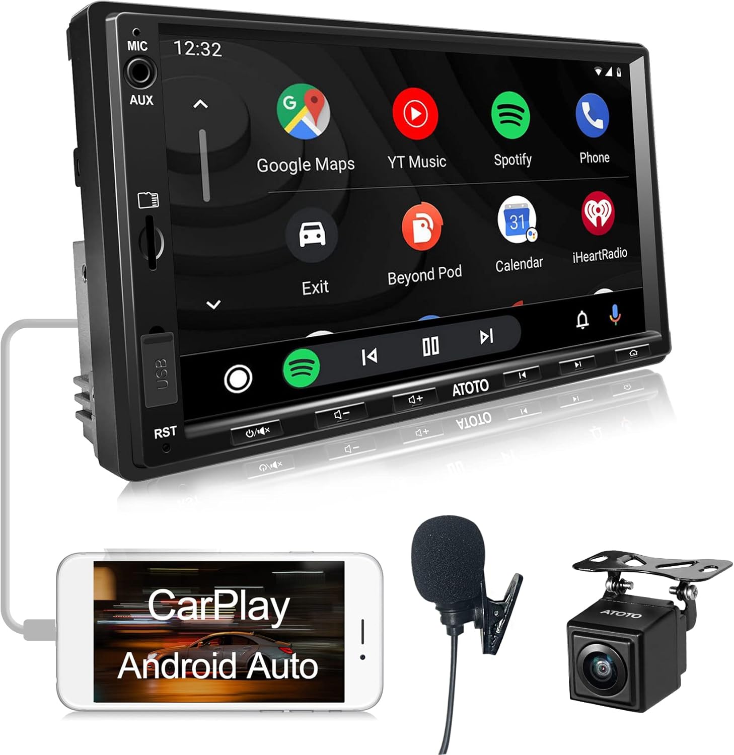 Wireless CarPlay & Android Auto Double-DIN Car Stereo with 7 Inch QLED Display and Backup Camera N8889