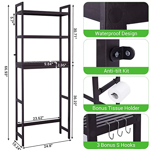 Bamboo 3-Tier Over Toilet Storage Shelf with Paper Holder and Hooks C969