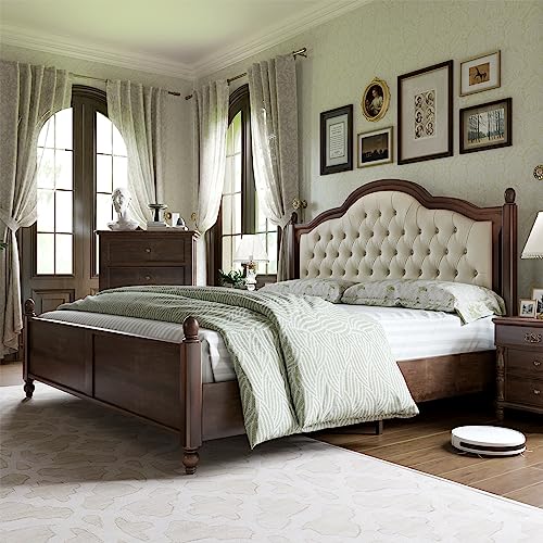 Queen Size Upholstered Platform Bed with Tufted Headboard, Wood Slat Support T634
