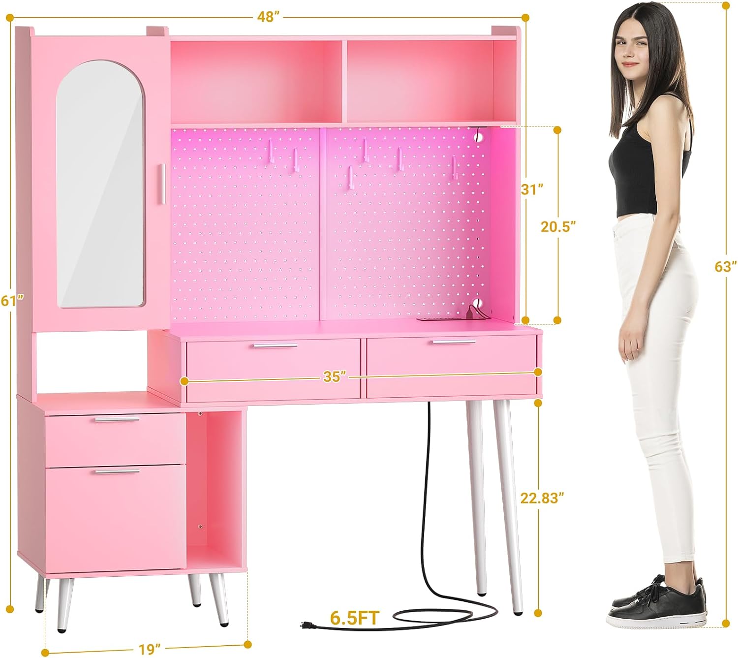 Vanity Desk with Mirror, LED Light & Charging Station, 48 Inch E133792