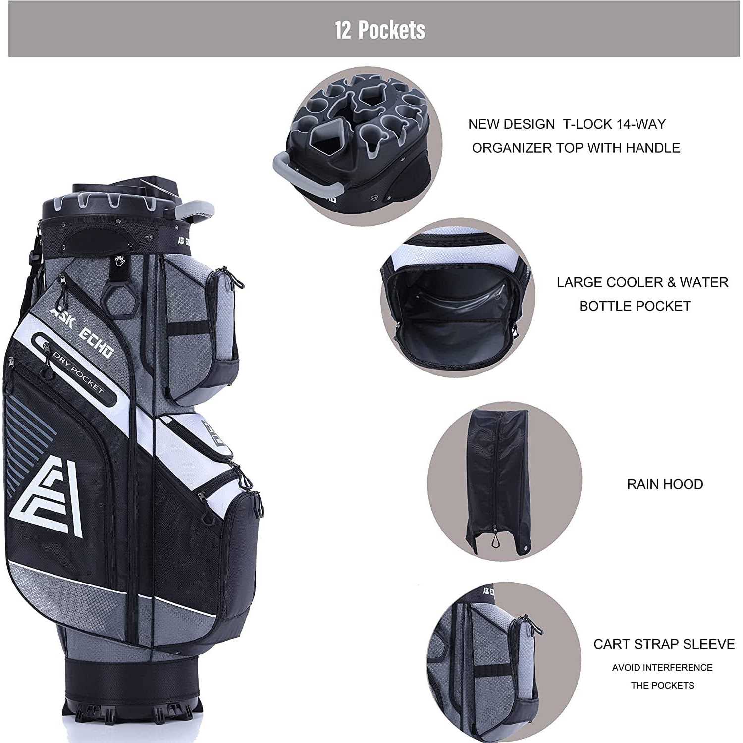 Golf Cart Bag with 14 Way Organizer Divider Top and Rain Cover K8996