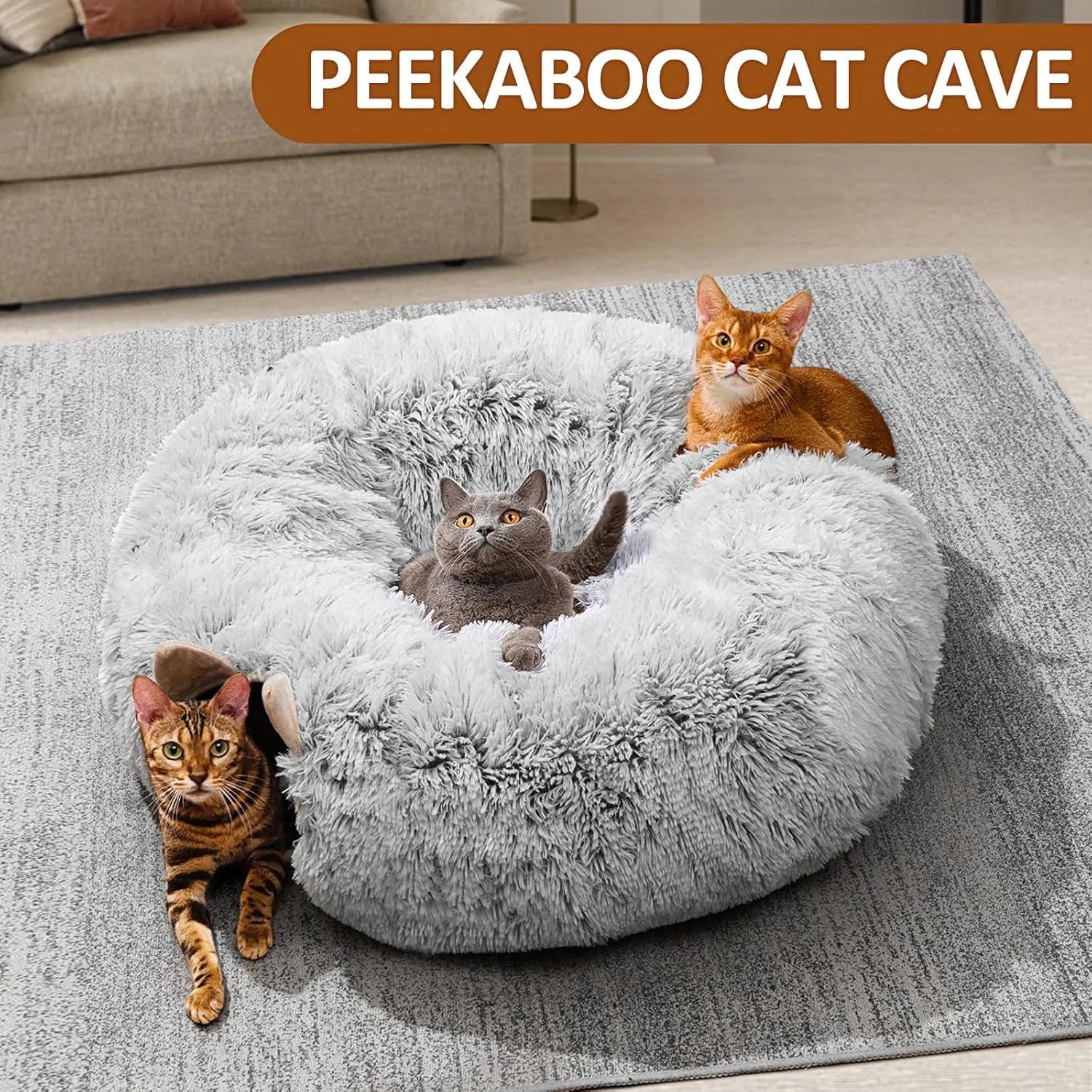 Cat Tunnel with Soft Plush Cat Bed for Indoor Kittens, Grey U77939