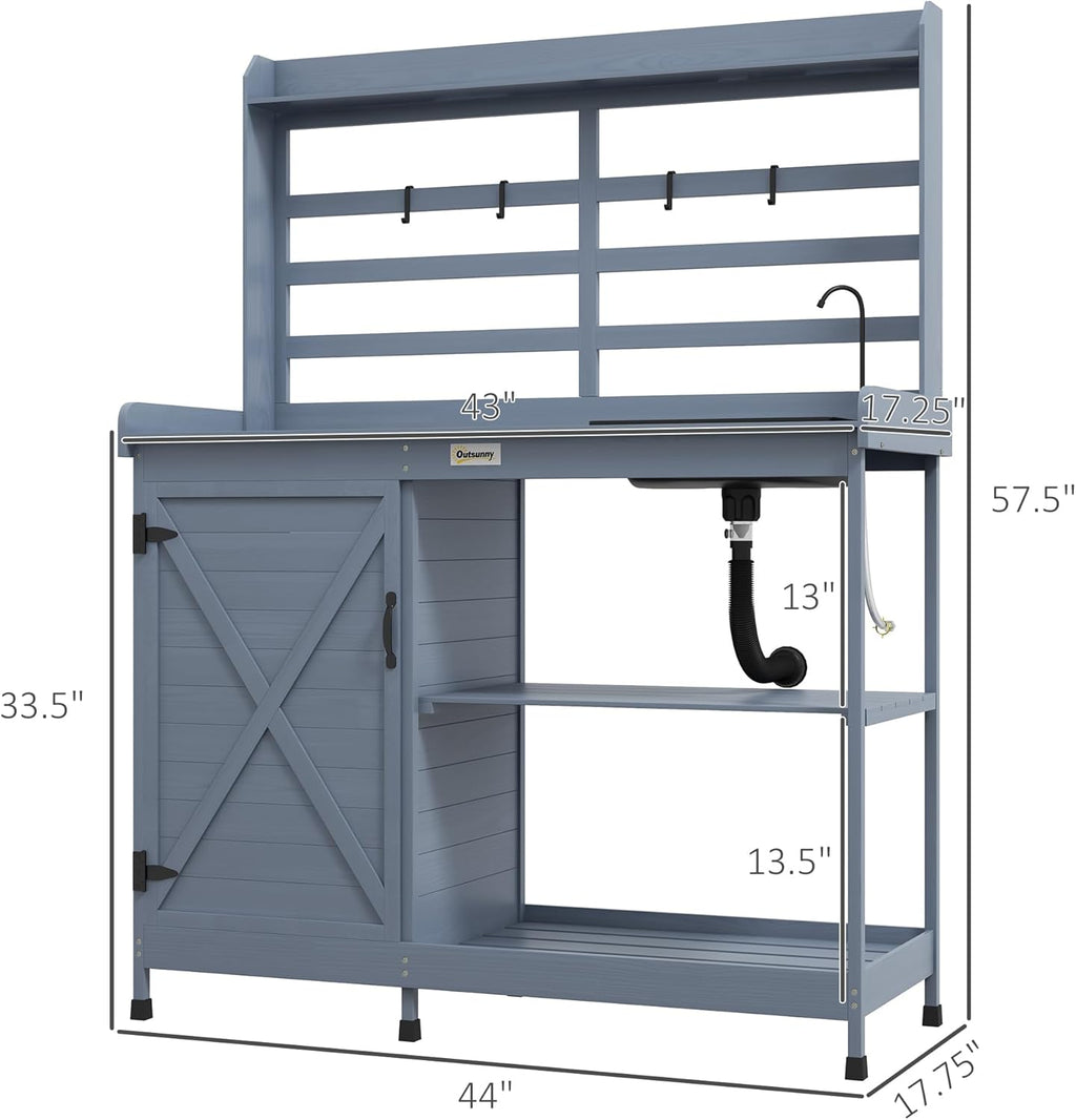 Wooden Potting Bench with Storage Cabinet, Sink and Water Tap, Gray Q931656