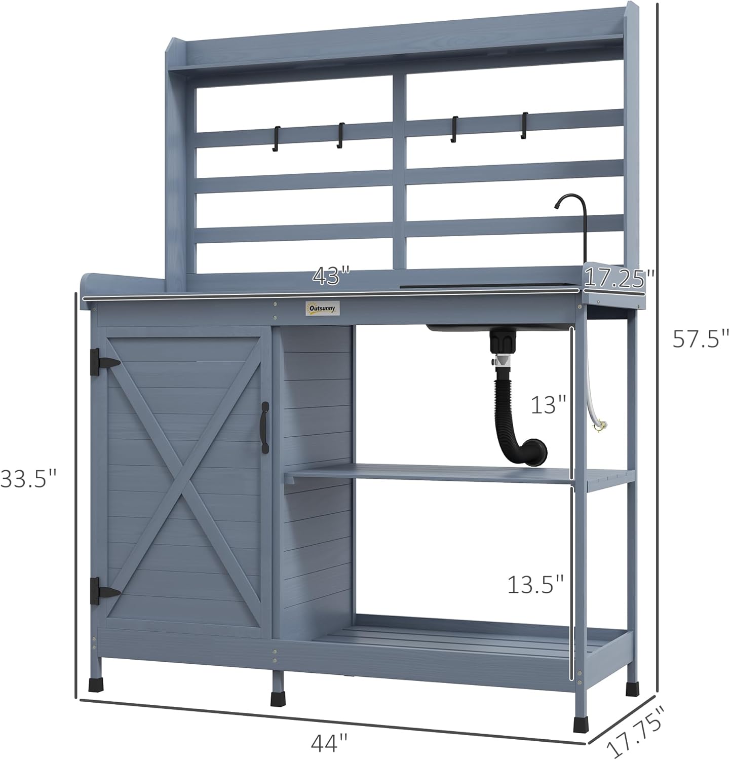 Wooden Potting Bench with Storage Cabinet, Sink and Water Tap, Gray Q931656