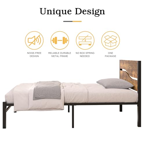 Twin Bed Frame with Wood Storage Headboard, Heavy Duty Metal Platform, Under Bed Storage B13425