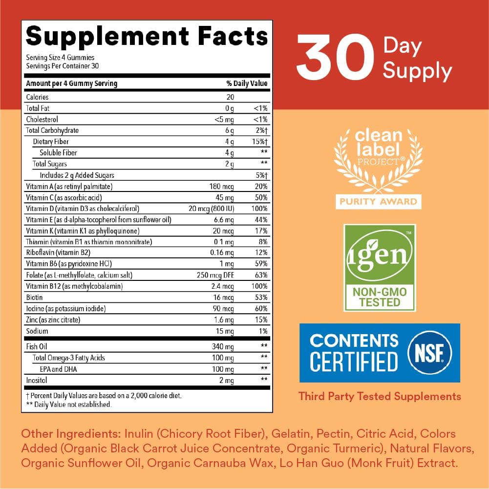 Sugar Free Kids Multivitamin Gummies with Omega 3, Vitamin D3, C and Fiber J142014