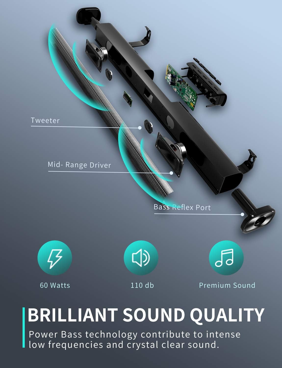 Sound Bar with Built-in Subwoofer, Bluetooth 5.0, HDMI/Optical/Aux/USB, Wall Mountable S317636