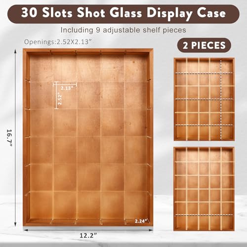 Wall-Mounted Shot Glass Display Case, Wood Holder for 30 Glasses, Black E18118