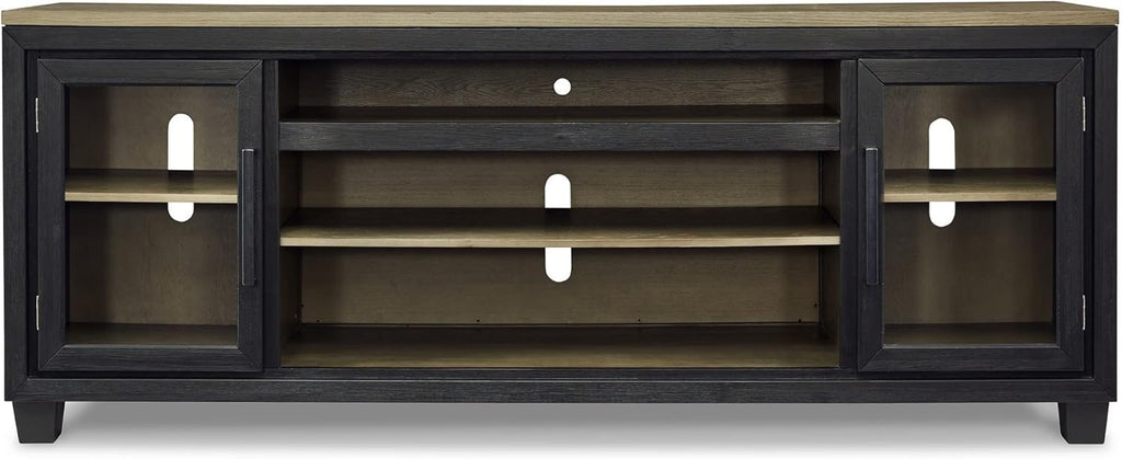83 Inch TV Entertainment Media Console, 2 Door, Wood, Glass, Black and Brown M28354