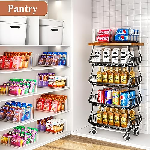 Fruit Basket for Kitchen with Wood Top 5 Tier, Stackable Storage Cart with Wheels, White R5884