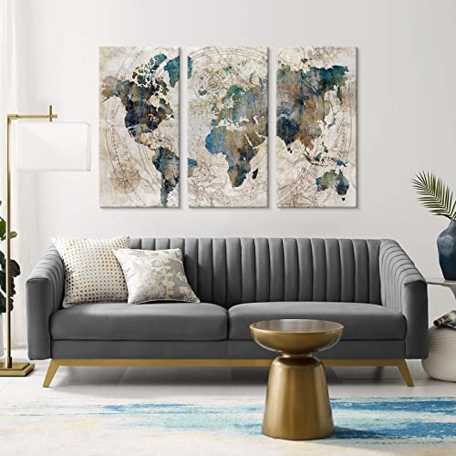 World Map Canvas Wall Art Poster Teal Blue Decor for Living Room Bedroom Office D5036