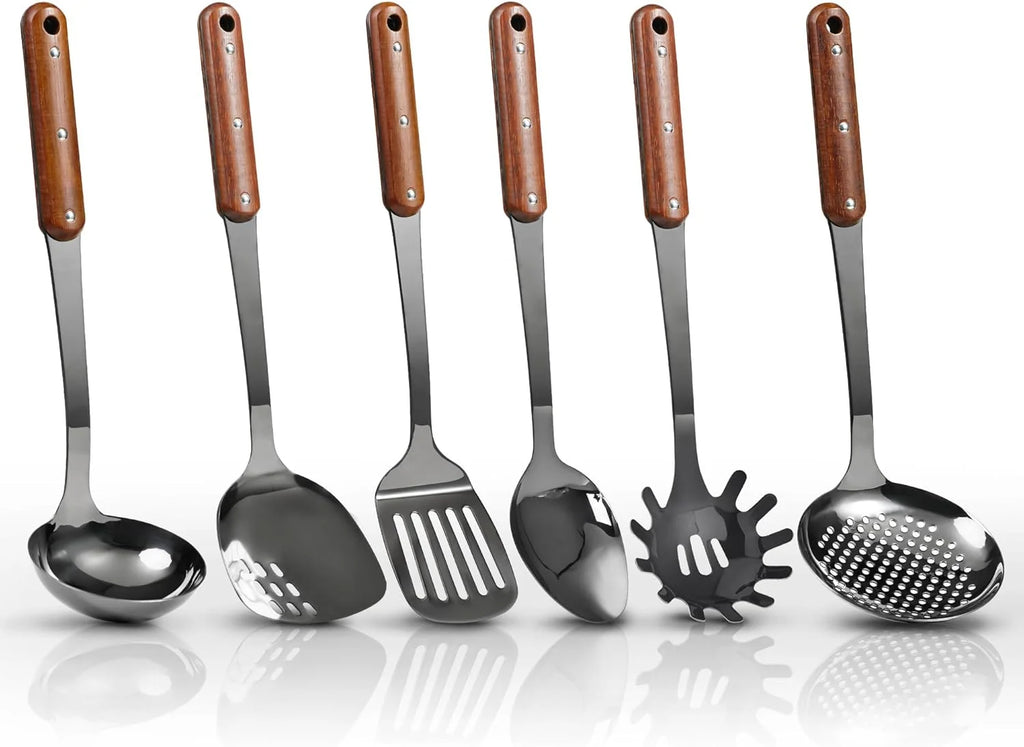 Stainless Steel Cooking Utensils Set, 6 Pieces with Wooden Handles D80852