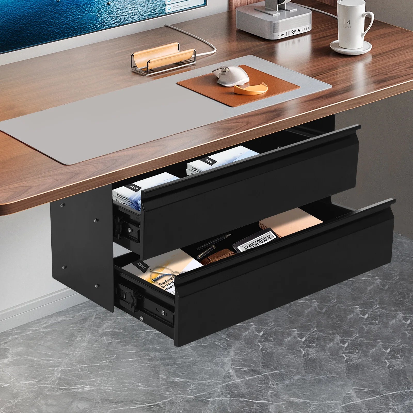 Under Desk Sliding Drawer Organizer, Black Steel Pull-Out Storage Tray F149