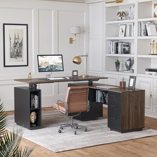 L Shaped Electric Standing Desk with File Cabinet, Black Walnut X736