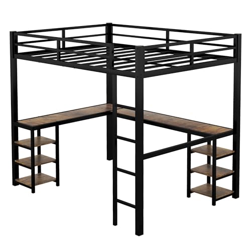 Full Size Metal Loft Bed with Desk and Storage Shelves S6260