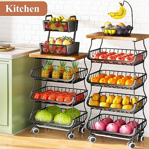 Fruit Basket for Kitchen with Wood Top 5 Tier, Stackable Storage Cart with Wheels, White R5884