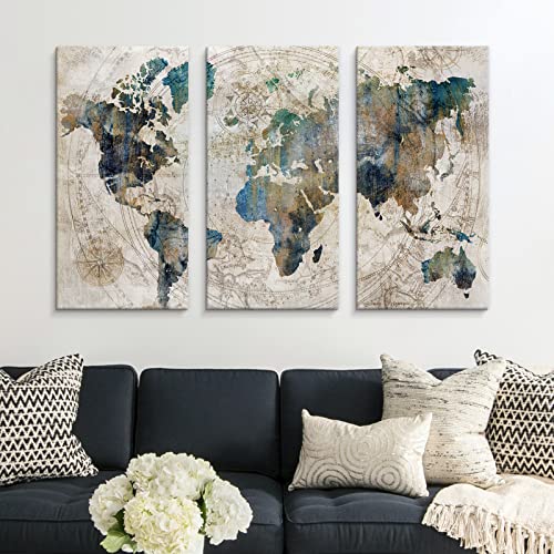 World Map Canvas Wall Art Poster Teal Blue Decor for Living Room Bedroom Office D5036