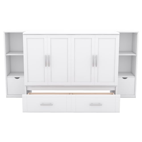 Queen Murphy Bed with Shelves and Storage Drawers, Wood Wall Bed Frame with USB Ports G70577