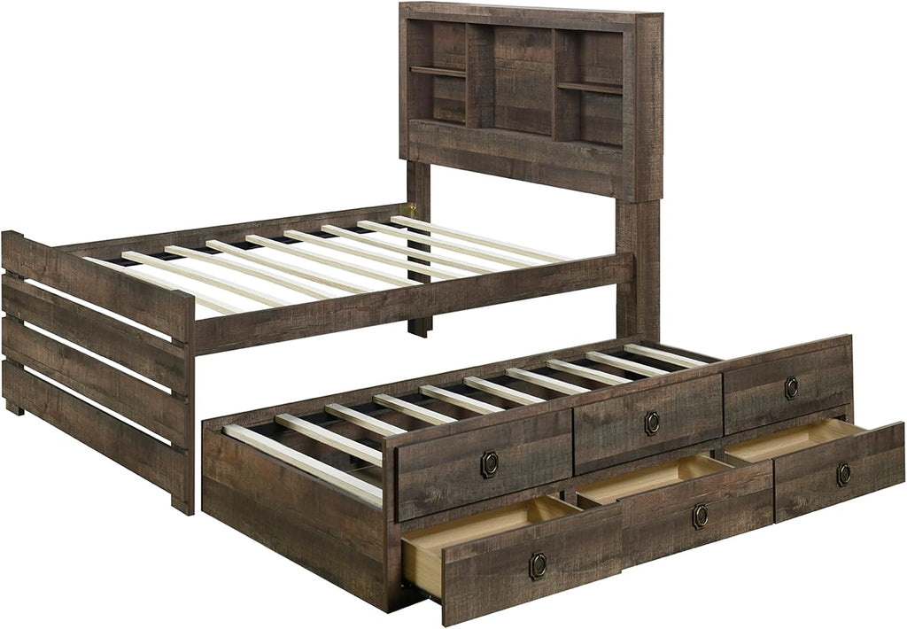 Twin Size Bookcase Captain Bed with Drawers and Trundle V912833