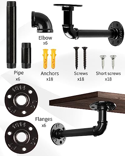 Shelf Brackets, 12 Pack Industrial Pipe Wall Mount, Heavy Duty Black Iron Finish, 7x4 Inch U6663
