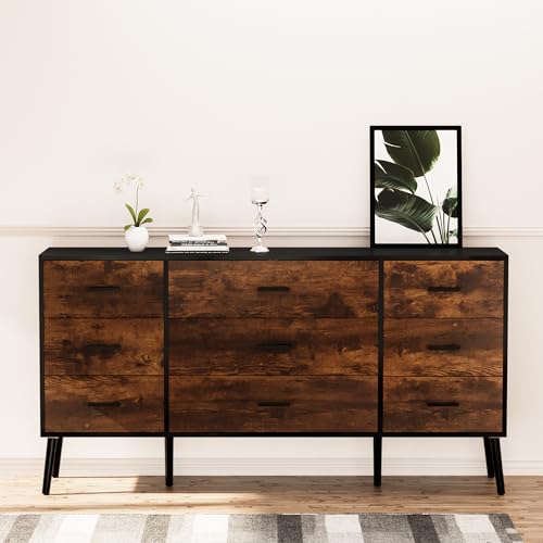 9 Drawer Dresser for Bedroom, White with Wooden Feet K8662