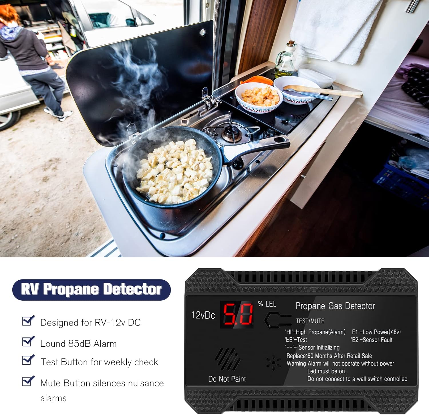 RV Propane Gas Detector, 12V High Sensitivity Alarm with LCD Display Z862
