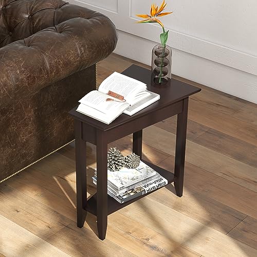 2-Tier Wedge End Table Set of 2 with Storage Shelf, Solid Wood Legs Y108