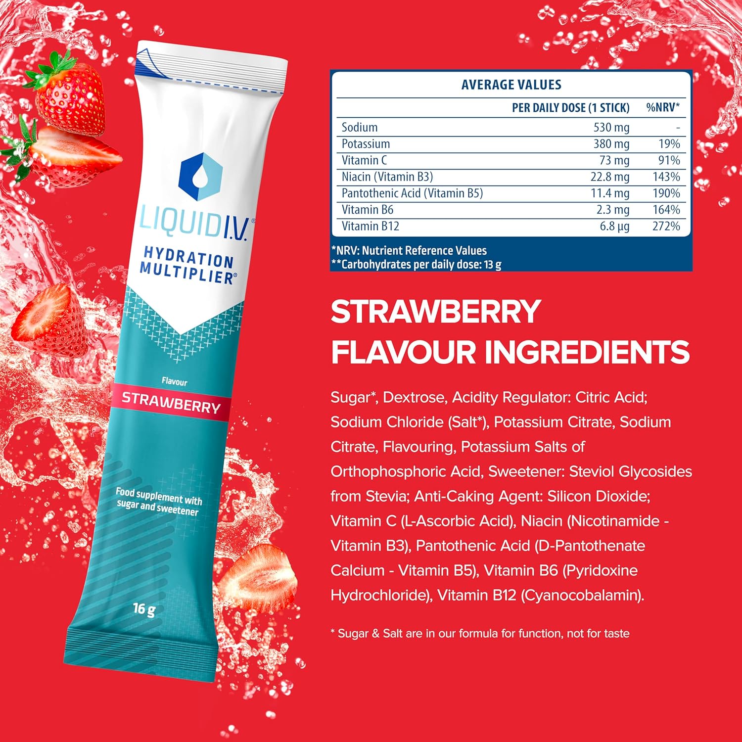 Strawberry Electrolyte Powder Mix Hydration Sachets, 15 Count X595