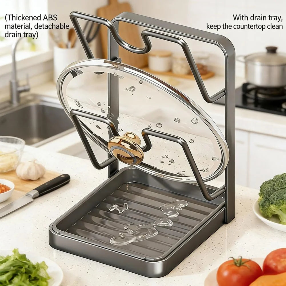 Stainless Steel Pot Lid Storage Rack with Removable Drip Tray H4387