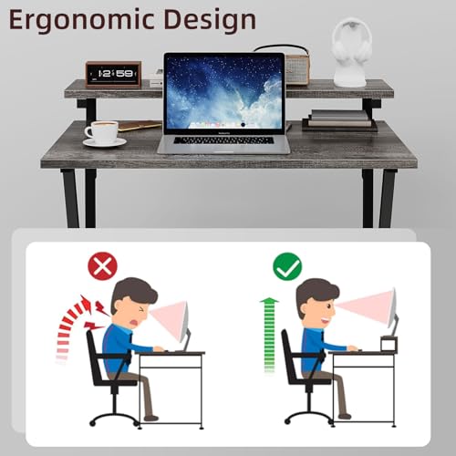 Small Desk with Adjustable Monitor Stand for Small Spaces, Grey T895