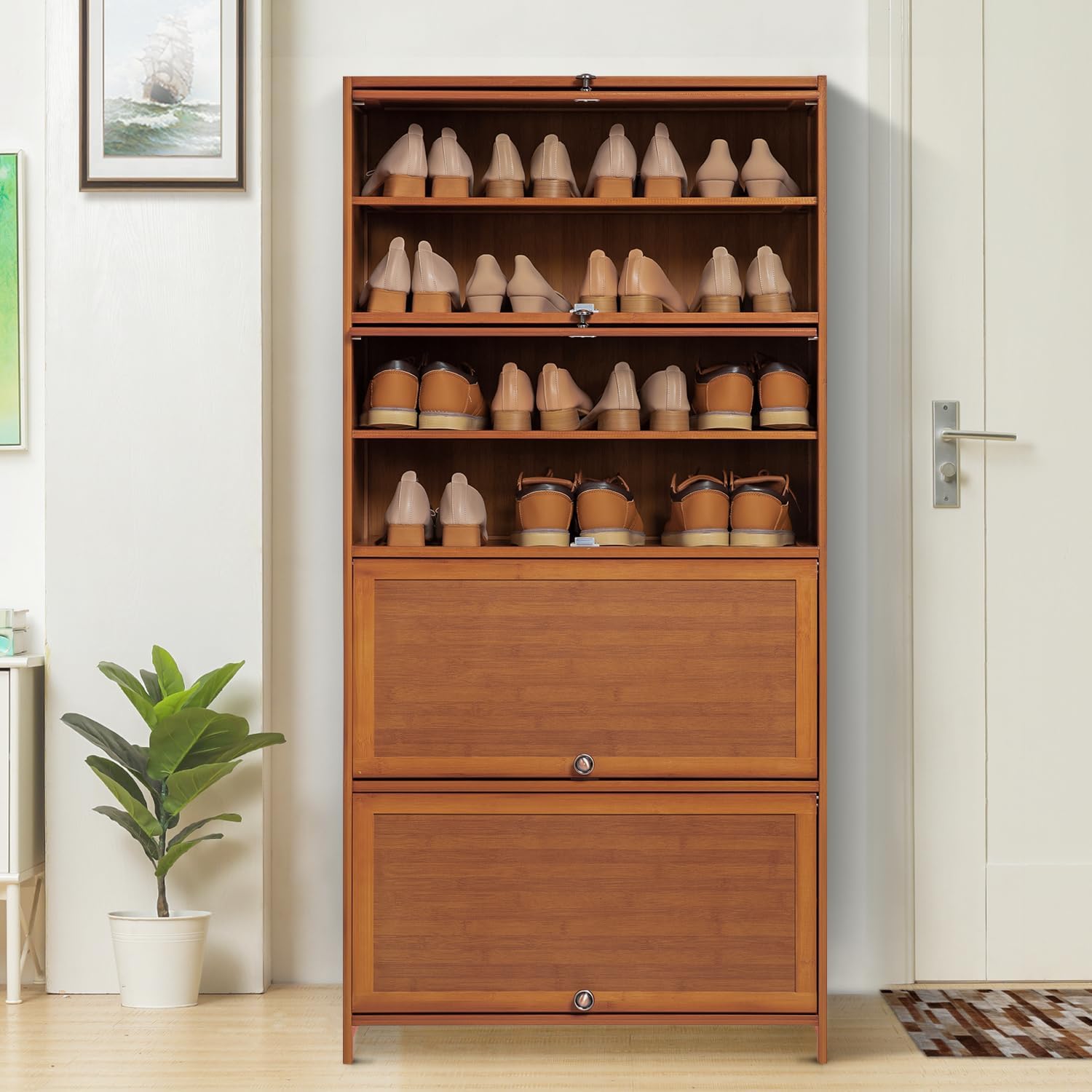 Bamboo 8 Tier Freestanding Shoe Storage Cabinet with Flip Doors P9230