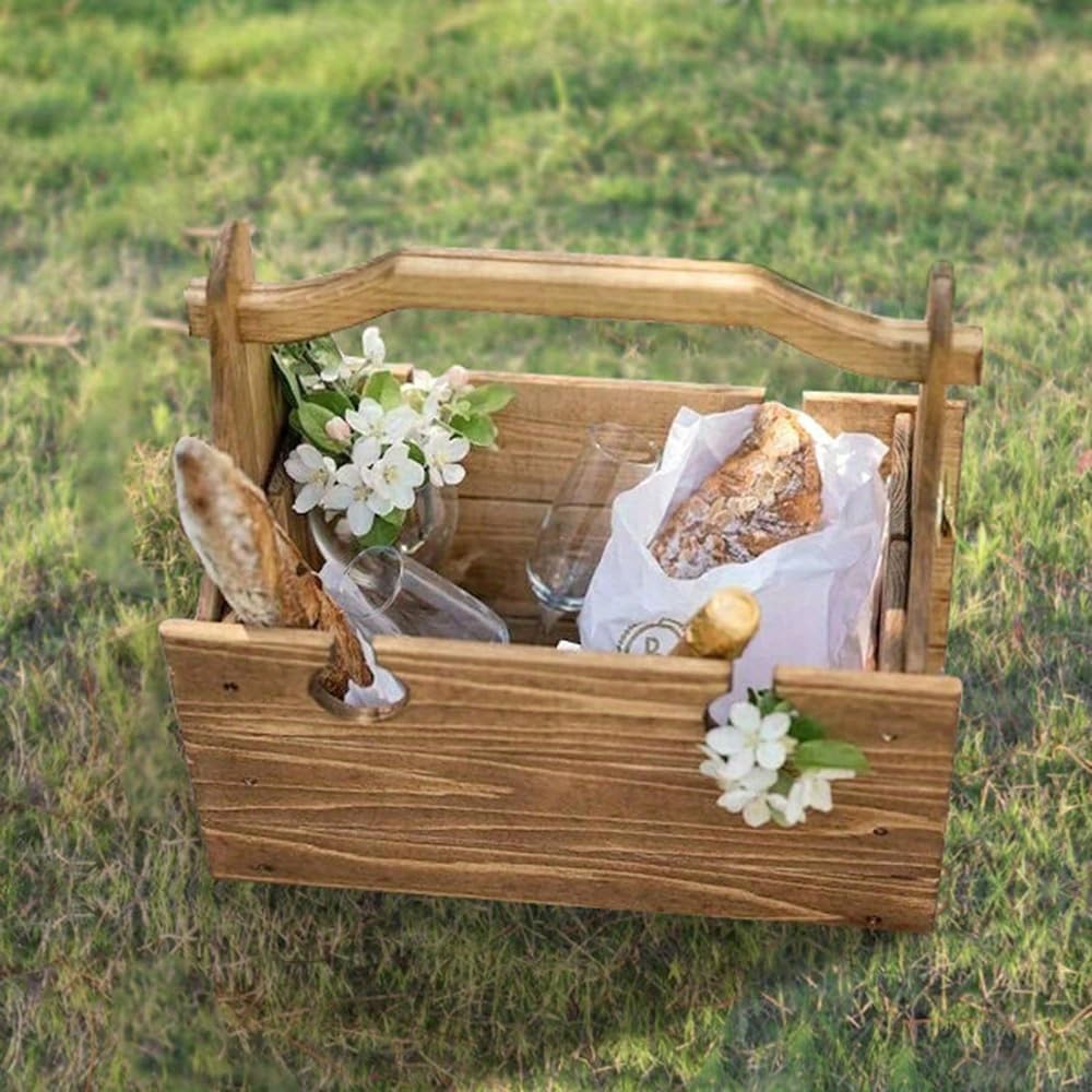 Folding Picnic Basket Table with Wine Glass Holder J388